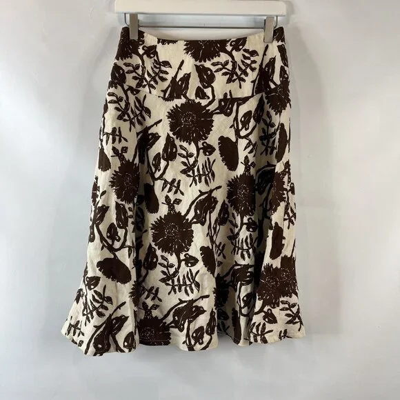 GAP Womens Linen Midi Skirt Size 0 Cream Brown Floral Fit & Flare - Picture 4 of 8